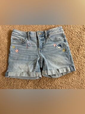 Girls Light Blue Denim Embroidered Patch Shorts.